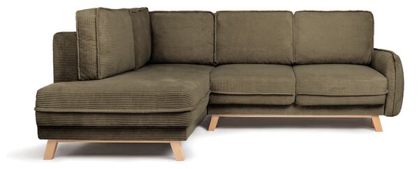 Divano angolare verde allungabile (con penisola a sinistra) con rivestimento in velluto a coste Tori – Bonami Selection