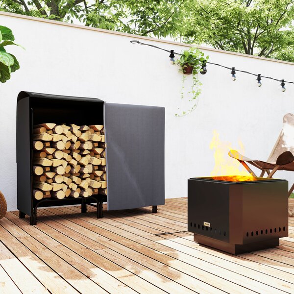 Outsunny Portalegna da Interno ed Esterno in Metallo con Telo Porta Legna e Copertura, 120x36x99 cm, Nero