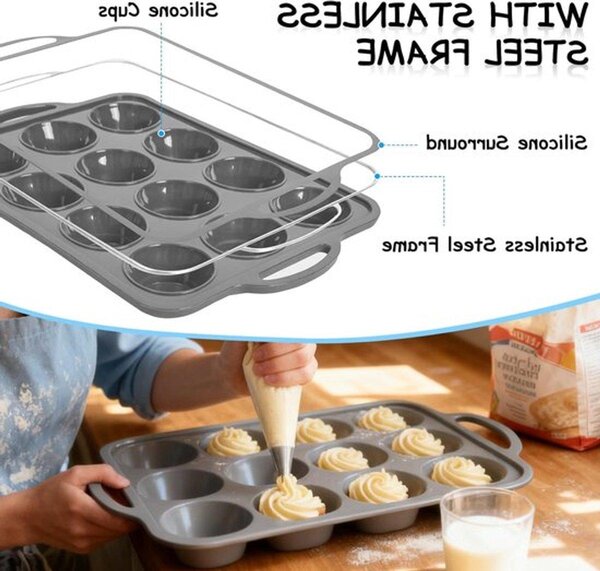Stampi in silicone per muffin con rinforzo metallico, ideali per ottenere cupcakes perfettamente cotti - confezione da 2 pezzi, con rivestimento antiaderente, durevoli e facili da pulire