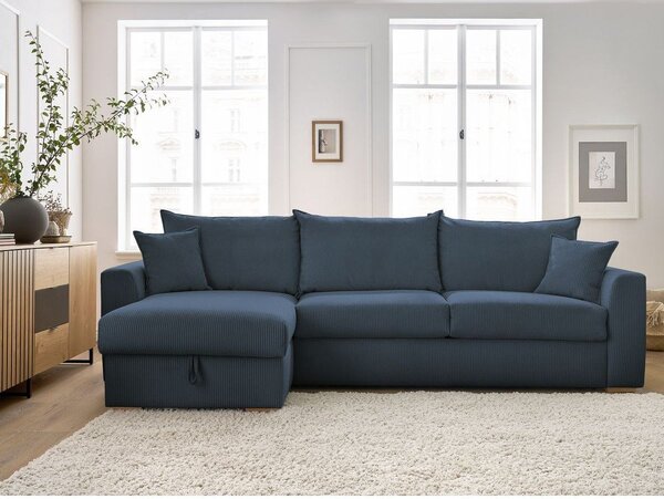 Divano angolare in blu scuro allungabile (con composizione variabile) con rivestimento in velluto a coste Augustin – Bobochic Paris