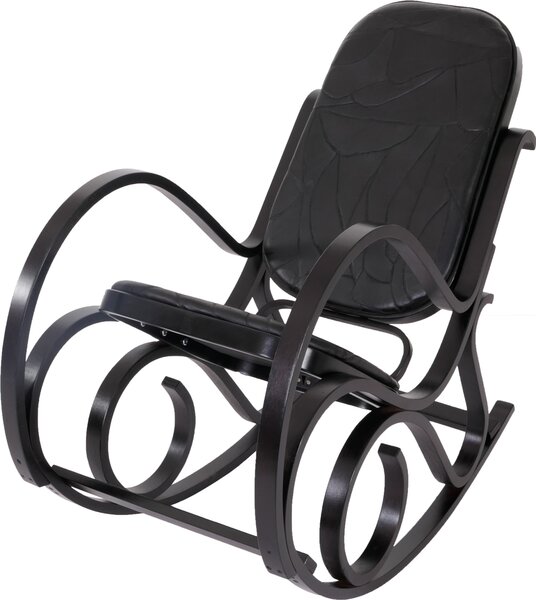 Poltrona a dondolo Gallarate, poltrona a dondolo da salotto, legno massello ~ effetto noce, pelle patchwork nera