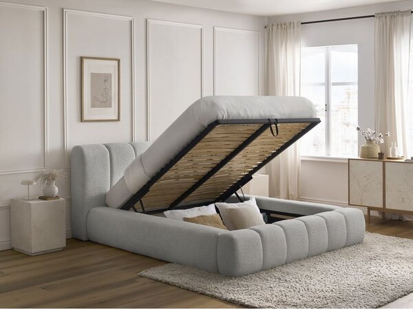 Letto matrimoniale imbottito in grigio chiaro con contenitore con rete inclusa 180x200 cm Denali – Bobochic Paris