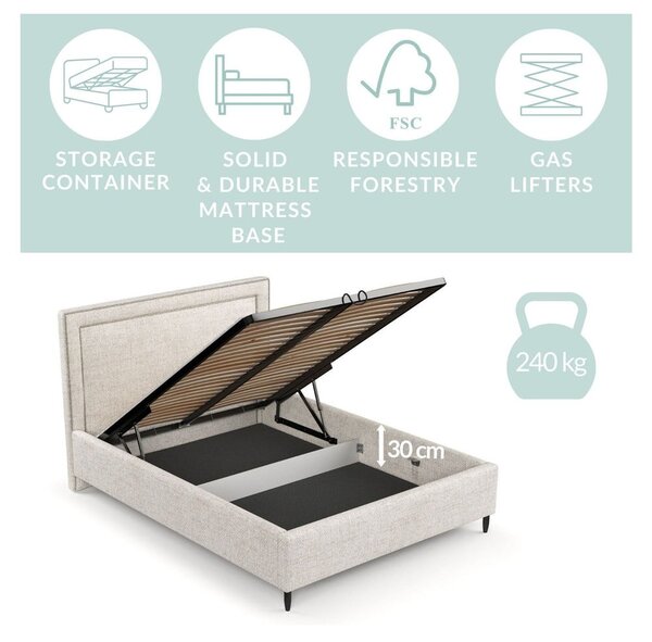 Letto matrimoniale imbottito grigio chiaro con spazio contenitivo e rete 180x200 cm Baleine - Maison de Rêve