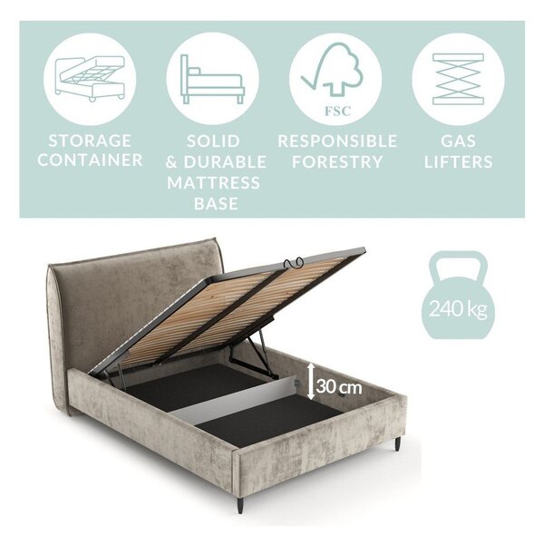 Letto matrimoniale imbottito beige con spazio contenitivo e rete 180x200 cm Shell - Maison de Rêve