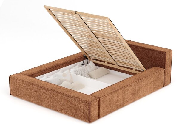 Letto matrimoniale imbottito arancione con contenitore e rete inclusi 160x200 cm Voliera – Maison de Rêve