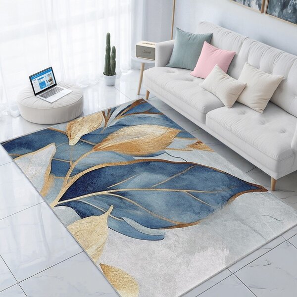 Tappeto blu/dorato lavabile 160x230 cm Golden Leaves – Mila Home