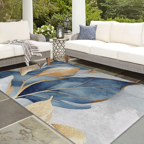 Tappeto blu/dorato lavabile 160x230 cm Golden Leaves – Mila Home