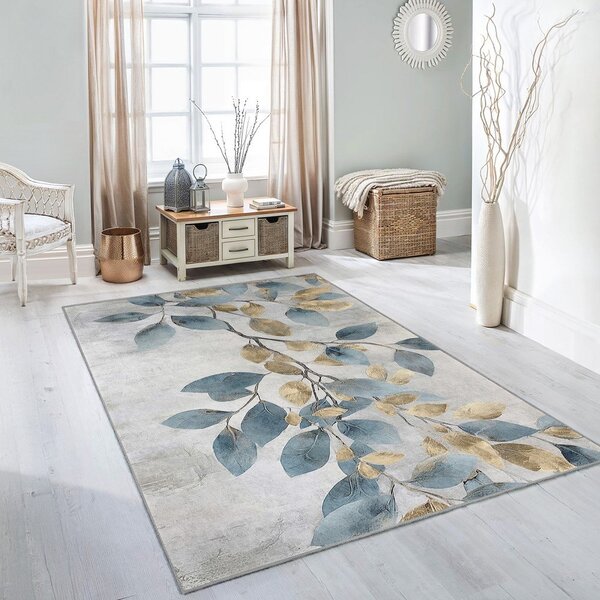 Passatoia azzurra/dorata lavabile 80x200 cm Golden Leaves – Mila Home