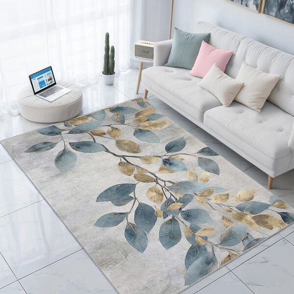Passatoia azzurra/dorata lavabile 80x200 cm Golden Leaves – Mila Home