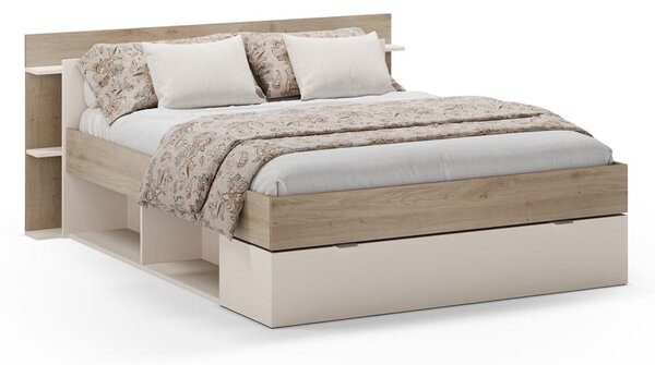 Letto matrimoniale effetto rovere con contenitore senza griglia in colore bianco e naturale 160x200 cm Albo - Marckeric