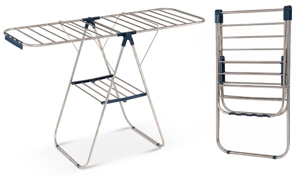Costway Stendibiancheria pieghevole e regolabile per balcone e lavanderia, Stendibiancheria da terra con fermacalze struttura in acciaio inossidabile Argento Blu