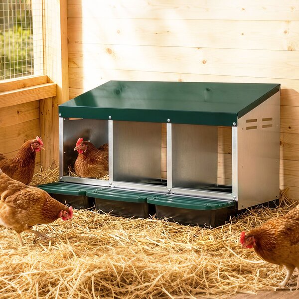 Costway Cassetta per deporre uova con raccolta automatica vassoi portauova rimovibili e tetto spiovente, Nido per galline ovaiole a 3 scomparti in metallo zincato