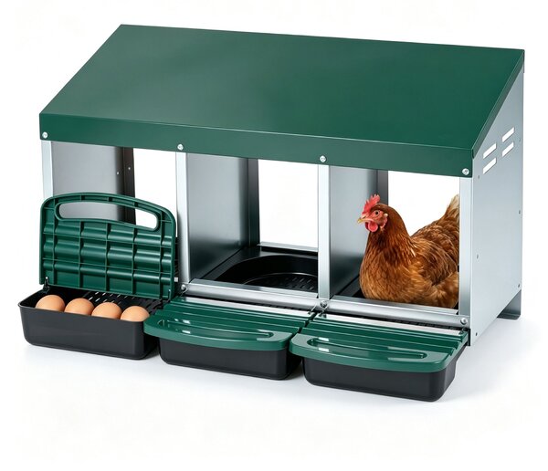 Costway Cassetta per deporre uova con raccolta automatica vassoi portauova rimovibili e tetto spiovente, Nido per galline ovaiole a 3 scomparti in metallo zincato