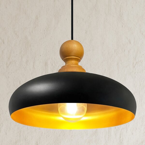 Androa Lampada a sospensione in legno 40 cm Lampada a 1 luce Lampada da sala da pranzo Industrial, plafoniera da interno in metallo Lampada industriale Vintage, lampada da cucina - Nero