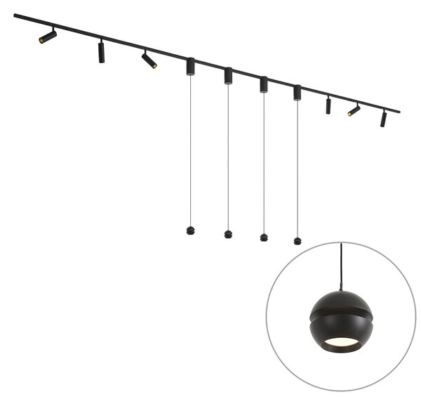 Sistema di illuminazione a binario moderno nero con 6 faretti e 4 lampade a sospensione Easylift monofase - Slimline Uzzy Tira