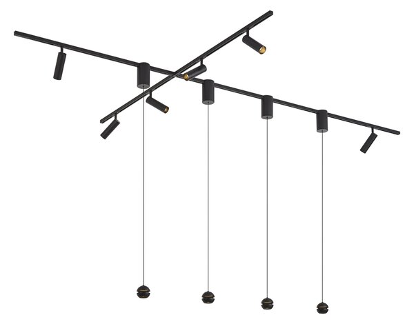 Sistema di illuminazione a binario moderno nero con 6 faretti e 4 lampade a sospensione Easylift monofase - Slimline Uzzy Tira