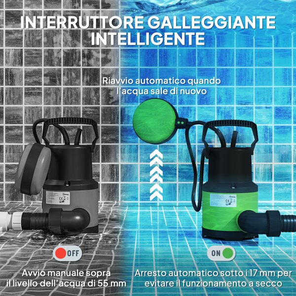 Outsunny Pompa Acqua Sporca/Pulita 400W, 9.000L/h, Pompa Sommersa Acque Sporche 7m Profondità Max, Gestisce Particelle fino a 15mm, Interruttore a Galleggiante, Verde | Aosom Italy