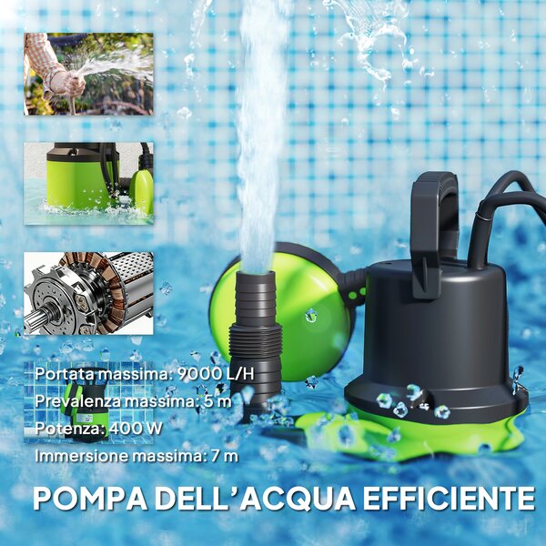 Outsunny Pompa Acqua Sporca/Pulita 400W, 9.000L/h, Pompa Sommersa Acque Sporche 7m Profondità Max, Gestisce Particelle fino a 15mm, Interruttore a Galleggiante, Verde | Aosom Italy