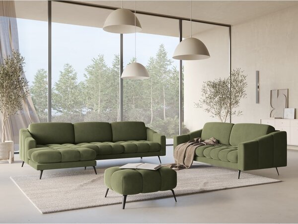 Divano angolare verde (con penisola a sinistra) con rivestimento in velluto Nalu – Makamii