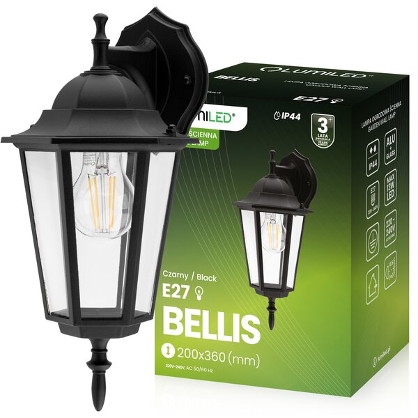 LUMILED lanterna da esterno a parete luce da esterno vintage 230V lampada da parete lampada da parete alluminio vetro nero resistente agli schizzi IP44 presa E27 verso il basso