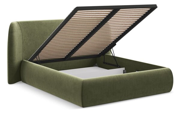 Letto matrimoniale imbottito verde con vano contenitore con griglia 180x200 cm Hauke - Makamii