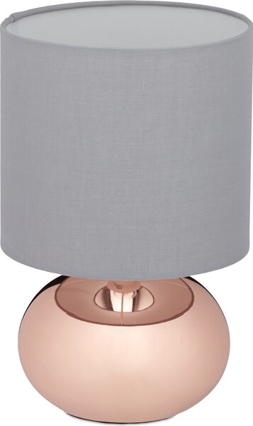 Lampada da tavolo Relaxdays, base in metallo e paralume in tessuto, E14, A x P: 28x18 cm, lampada da comodino con cavo, camera da letto, rame/grigio