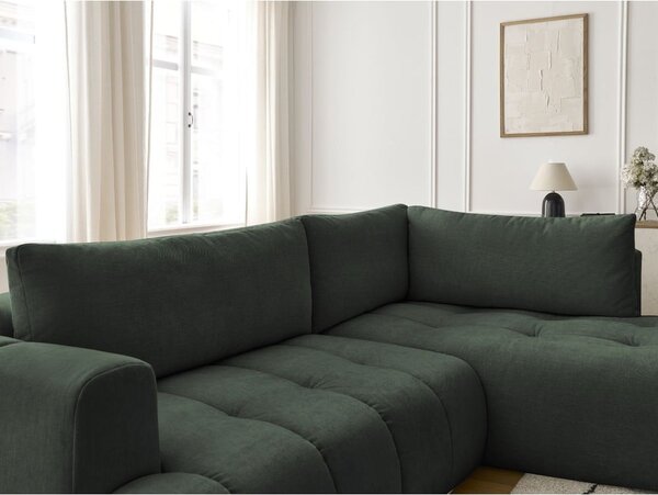 Divano angolare verde allungabile e con contenitore (penisola a destra/a L) con rivestimento in ciniglia Fuji – Bobochic Paris