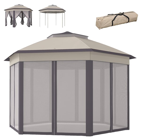 Outsunny, gazebo da giardino pieghevole con 6 pannelli laterali, tetto a doppia falda, colore caffè e beige