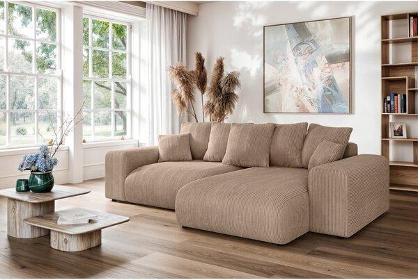 Divano angolare beige allungabile/con contenitore (con composizione variabile) con rivestimento in velluto a coste Luma – Ropez