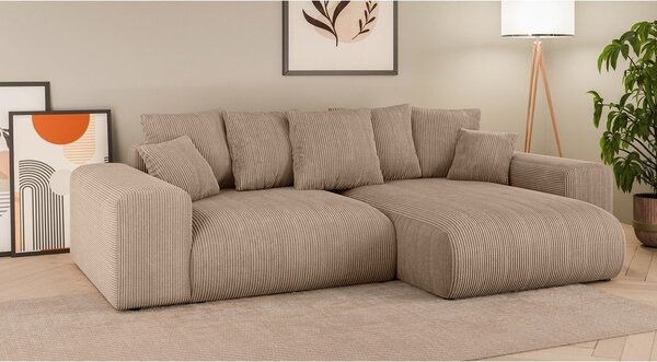 Divano angolare beige allungabile/con contenitore (con composizione variabile) con rivestimento in velluto a coste Luma – Ropez