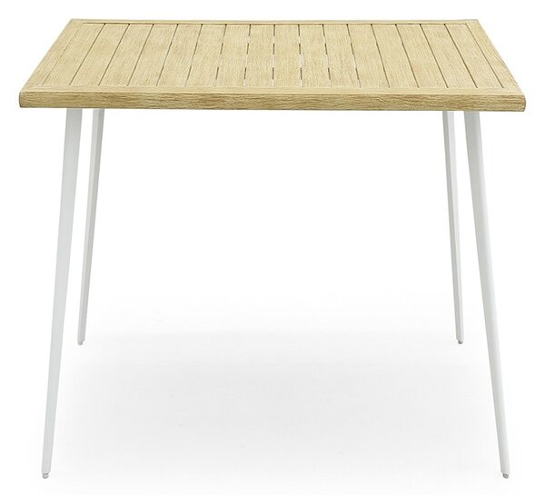 Tavolo Quadrato in Acciaio e Piano in Alluminio Effetto Legno -