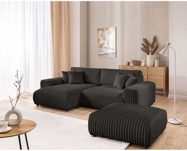Divano angolare con penisola a sinistra grigio scuro e rivestimento in velluto a coste allungabile e con contenitore Sarina – Ropez