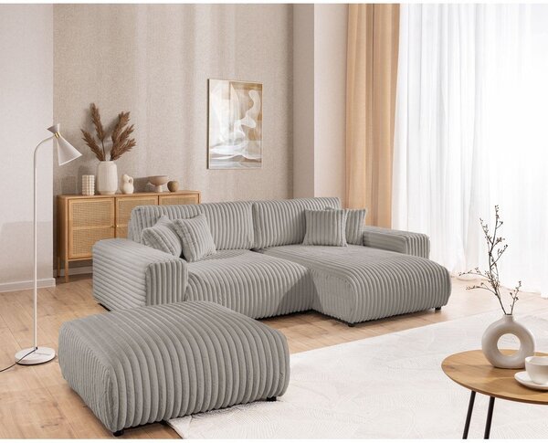 Divano angolare con penisola a destra grigio chiaro e rivestimento in velluto a coste allungabile e con contenitore Sarina – Ropez