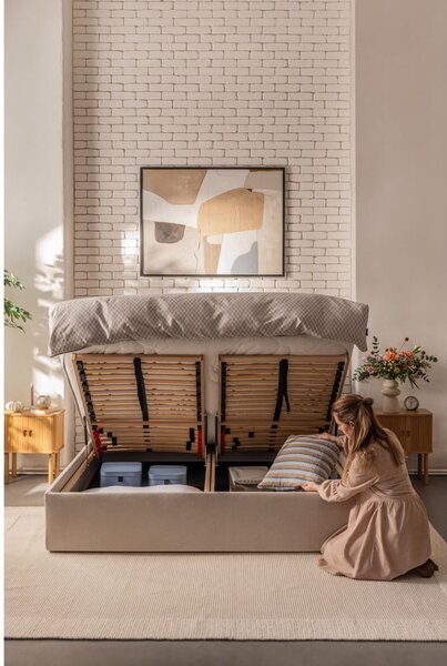 Letto matrimoniale imbottito beige con contenitore con rete inclusa 160x200 cm Thessa Bold – Bonami Selection