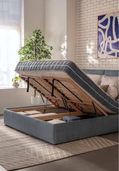 Letto matrimoniale imbottito blu con contenitore con rete inclusa 180x200 cm Thessa Bold – Bonami Selection