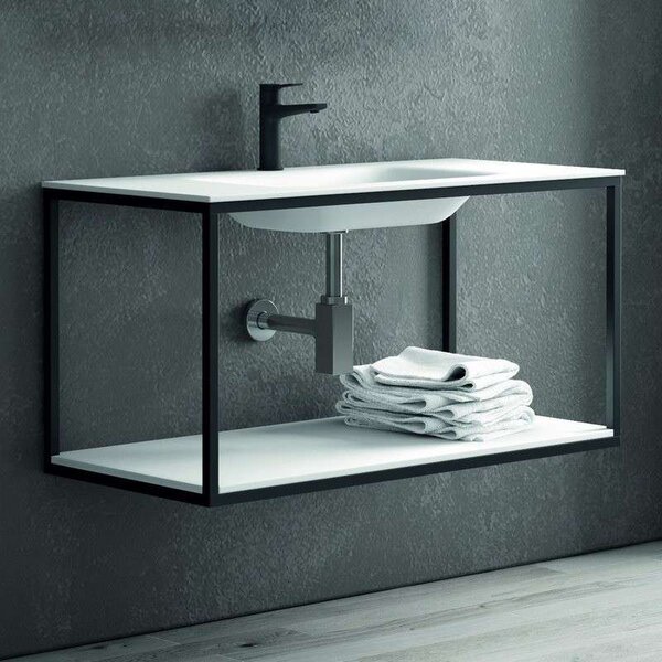 Kamalu composizione bagno metallica nera 100cm con lavabo e ripiano solid surface, specchio nero nico-100n