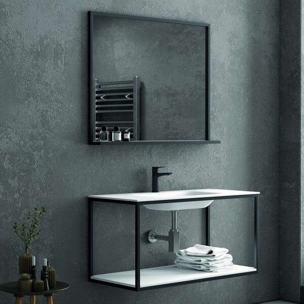 Kamalu composizione bagno metallica nera 100cm con lavabo e ripiano solid surface, specchio nero nico-100n