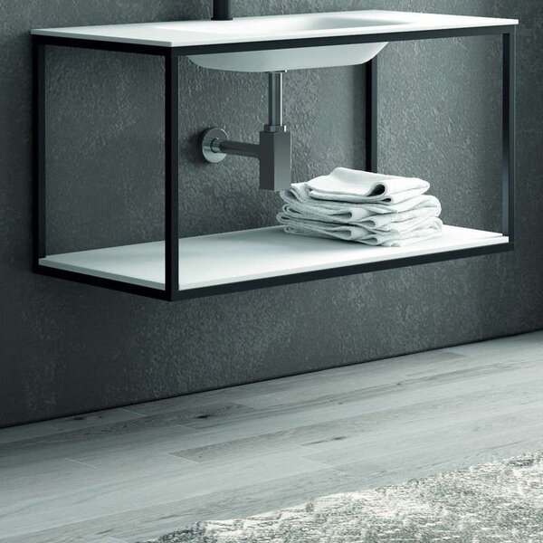 Kamalu composizione bagno metallica nera 100cm con lavabo e ripiano solid surface, specchio nero nico-100n
