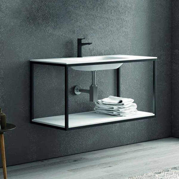 Kamalu composizione bagno metallica nera 100cm con lavabo e ripiano solid surface, specchio nero nico-100n