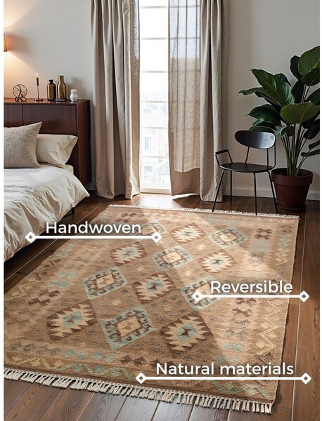 Tappeto azzurro/beige in lana reversibile/tessuto a mano 160x230 cm Kamal Dune – Nouristan