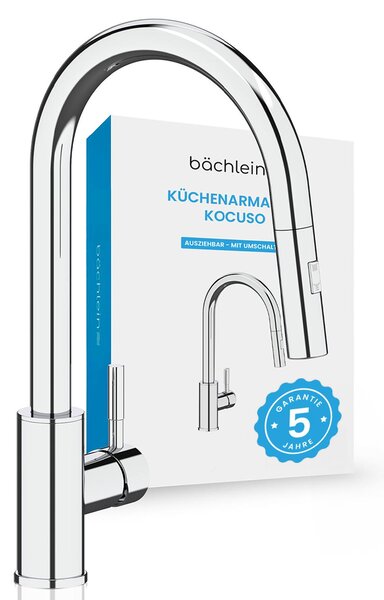 Miscelatore da cucina Bächlein orientabile di 360 gradi - Colore: cromo - Miscelatore monocomando per lavello con tubo estraibile e getto con pulsante deviatore