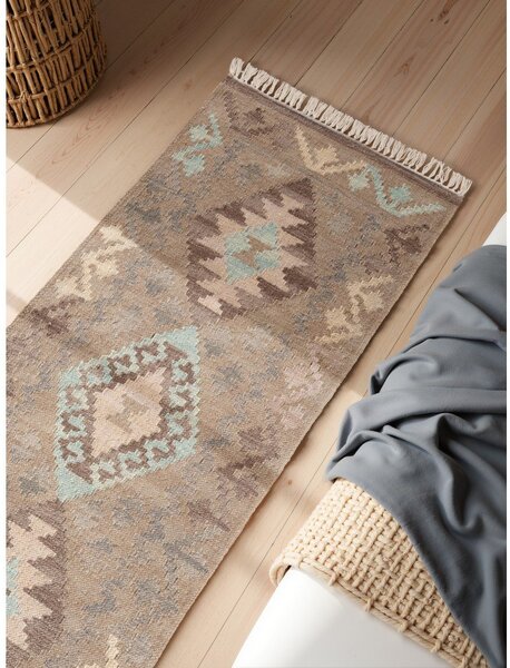 Passatoia azzurra/beige in lana reversibile/tessuta a mano 60x190 cm Kamal Dune – Nouristan