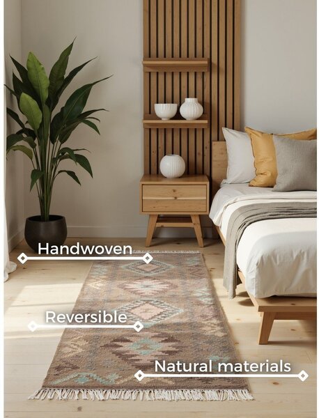 Passatoia azzurra/beige in lana reversibile/tessuta a mano 60x190 cm Kamal Dune – Nouristan