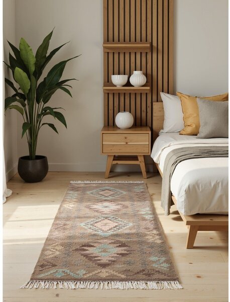 Passatoia azzurra/beige in lana reversibile/tessuta a mano 60x190 cm Kamal Dune – Nouristan
