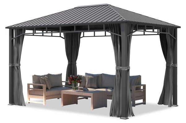 TOOLPORT Gazebo da giardino 3x4 m tetto hardtop in acciaio 4 teli laterali color grigio, profilo ca. 90x90 mm
