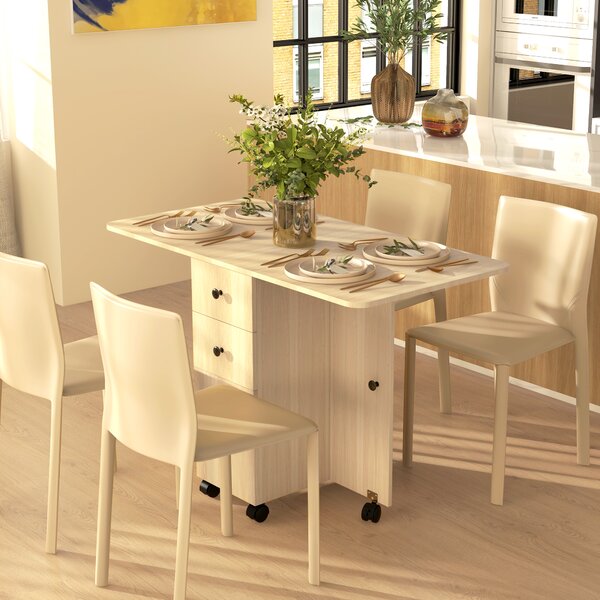 Tavolo Pieghevole 120x60x76,5 cm con 2 Cassetti e Armadietto 6 Rotelle e Freni Color Legno