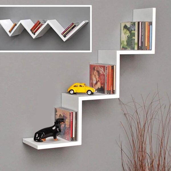 Mensola Parete Moderna Design Zig Zag 59x12x12 cm Scaffale 3 Ripiani in Melamina Bianco