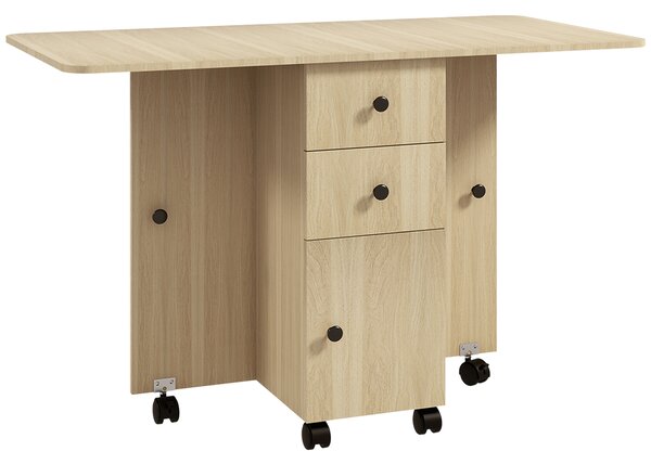Tavolo Pieghevole 120x60x76,5 cm con 2 Cassetti e Armadietto 6 Rotelle e Freni Color Legno