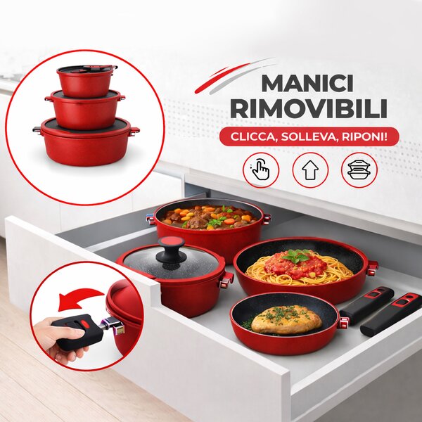 Set 24 Pezzi Batteria di Pentole Manici Removibili Rubino Suprem in Alluminio Pressofuso Rosso