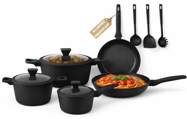 Set 11 Pezzi Batteria di Pentole Serena con 3 Mestoli in Alluminio Pressofuso Nero